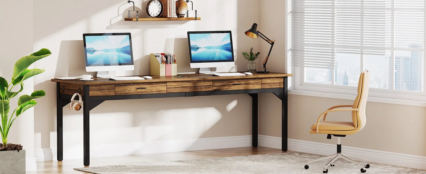 Computer Desk, 200 x 60 x 82 cm, Double Long Desk with 2 Drawers, Office Table, Work Table, Office Furniture