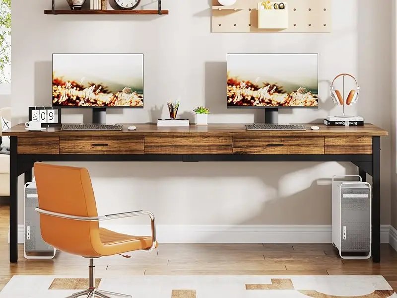 Computer Desk, 200 x 60 x 82 cm, Double Long Desk with 2 Drawers, Office Table, Work Table, Office Furniture