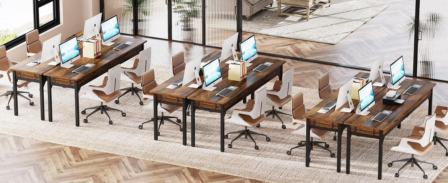 Computer Desk, 200 x 60 x 82 cm, Double Long Desk with 2 Drawers, Office Table, Work Table, Office Furniture