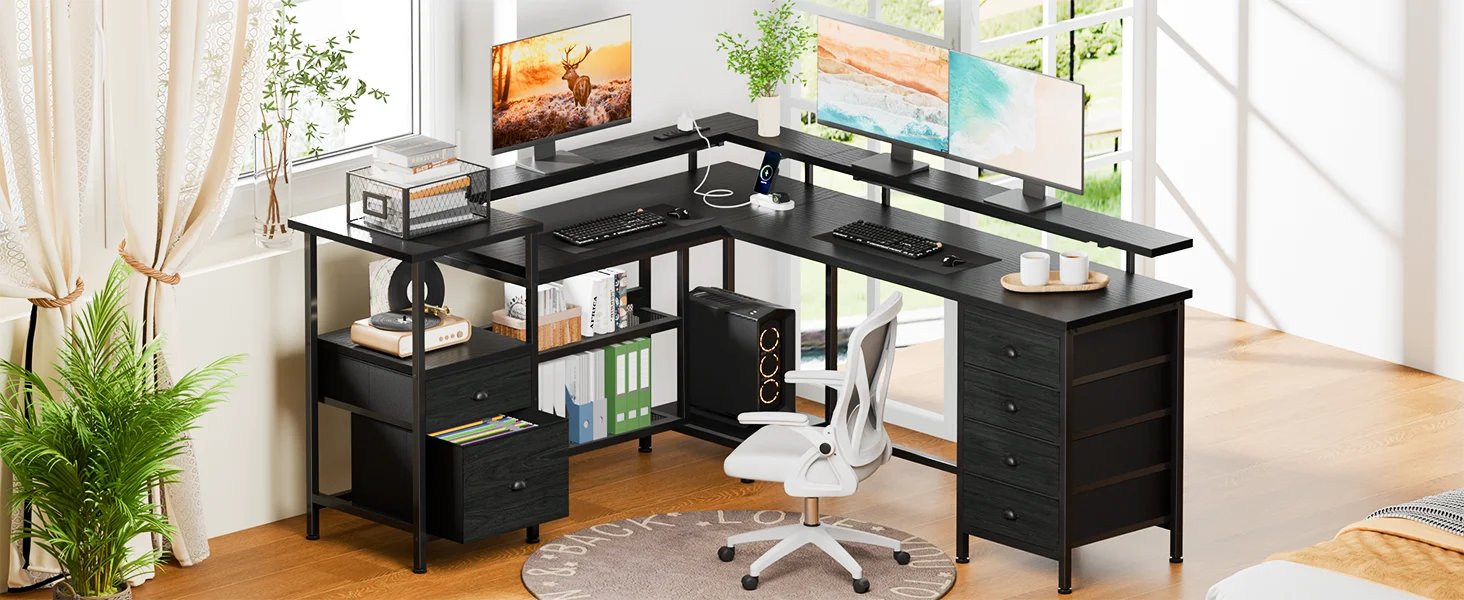 Satifur 67 inch Office Desk With Power Sockets and LED Lights, 2 Monitor Stands and 6 Adjustable Storage Drawers, Gaming Desk