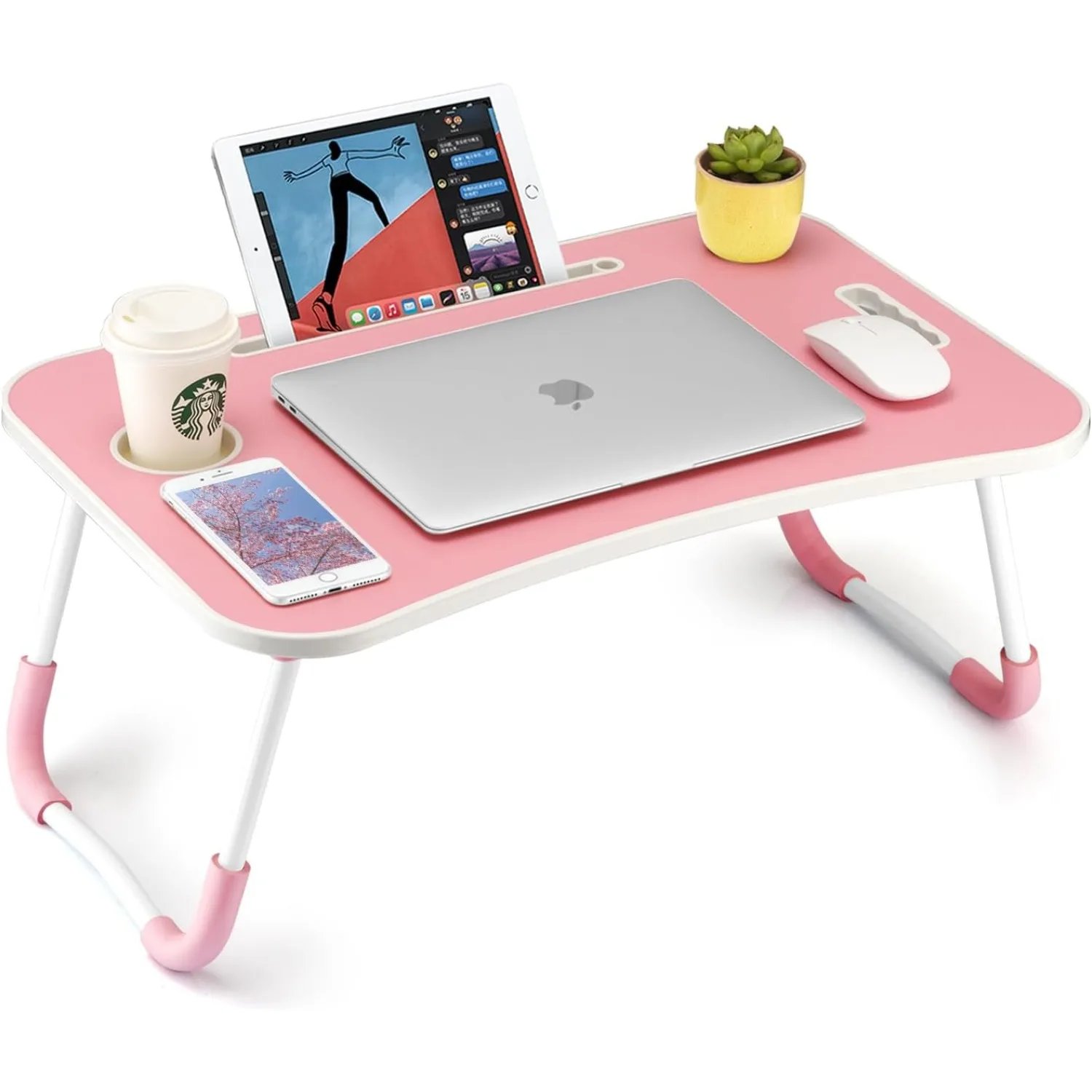 Laptop Table, Portable Lap Desk Bed Table Tray, Laptop Stand with Cup Holder & Tablet Slot & Lifting Handle for Working