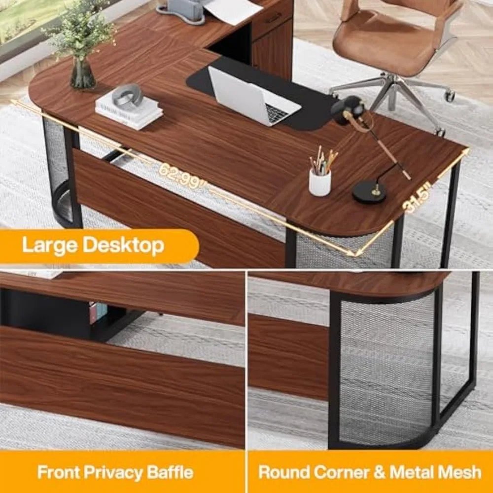 63-Inch Executive Office Desk with Drawer Cabinet for Home Office