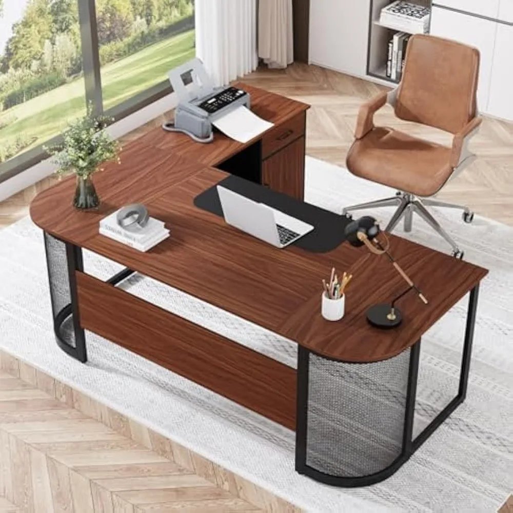 63-Inch Executive Office Desk with Drawer Cabinet for Home Office