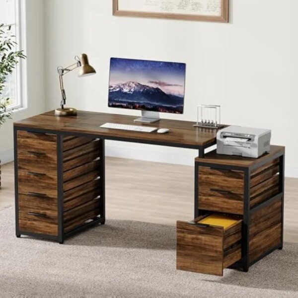 Computer Desk with 8 Drawers, 63" Office Desk with Reversible File Cabinet and Storage Drawers, Industrial PC Desk Study Writin
