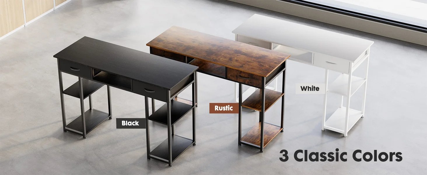 JHK 48 Inch Double Deck Shelving Office Computer Desk with Pull-out Fabric Storage Drawers Metal Frame Adjustable Feet Table ﻿