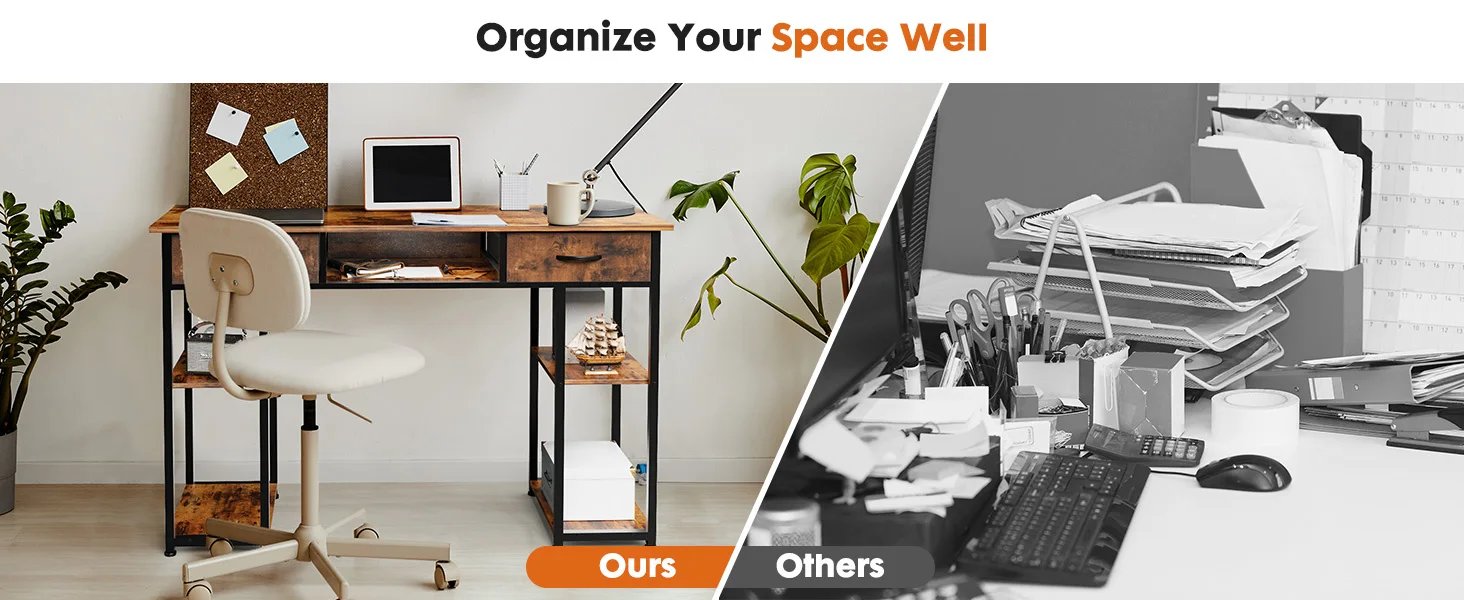 JHK 48 Inch Double Deck Shelving Office Computer Desk with Pull-out Fabric Storage Drawers Metal Frame Adjustable Feet Table ﻿