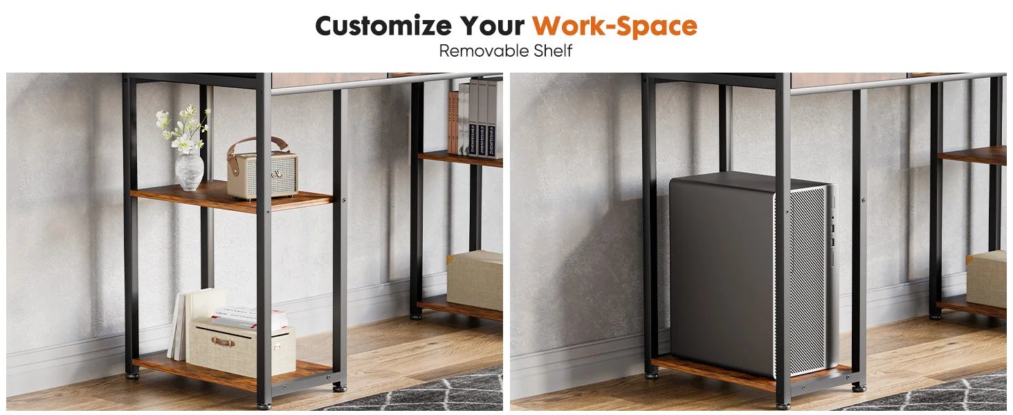 JHK 48 Inch Double Deck Shelving Office Computer Desk with Pull-out Fabric Storage Drawers Metal Frame Adjustable Feet Table ﻿
