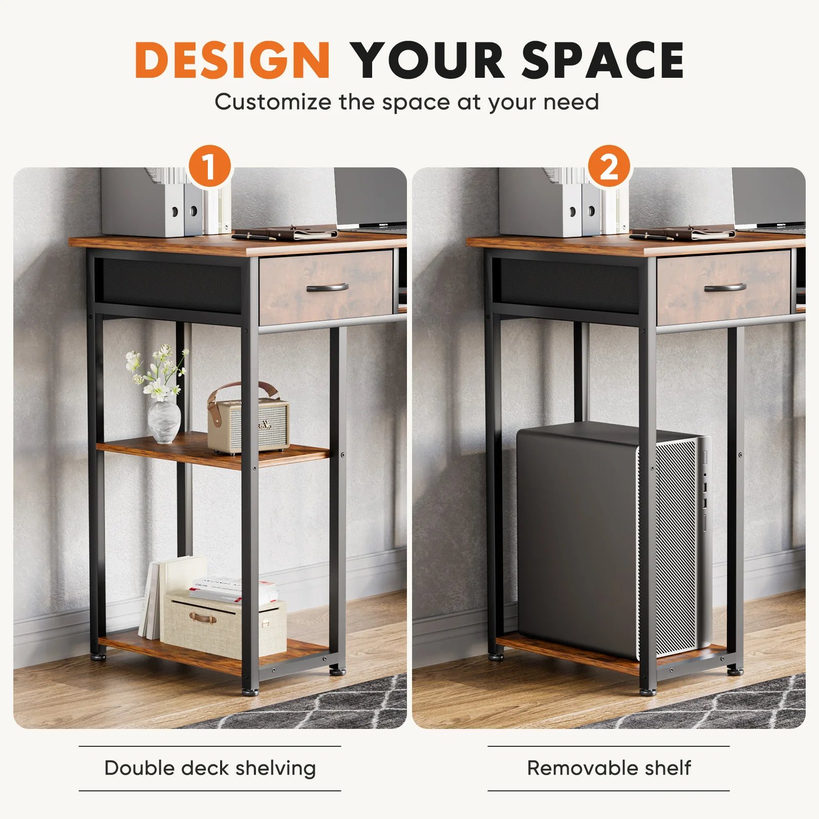 JHK 48 Inch Double Deck Shelving Office Computer Desk with Pull-out Fabric Storage Drawers Metal Frame Adjustable Feet Table ﻿