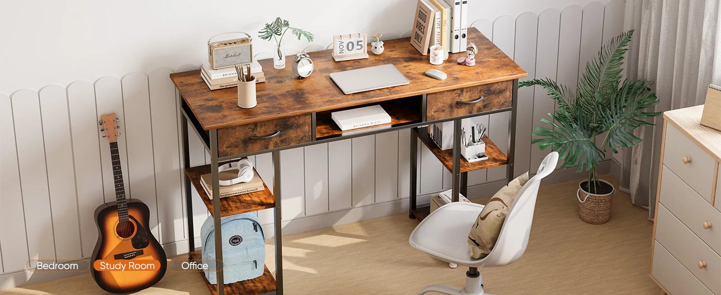 JHK 48 Inch Double Deck Shelving Office Computer Desk with Pull-out Fabric Storage Drawers Metal Frame Adjustable Feet Table ﻿