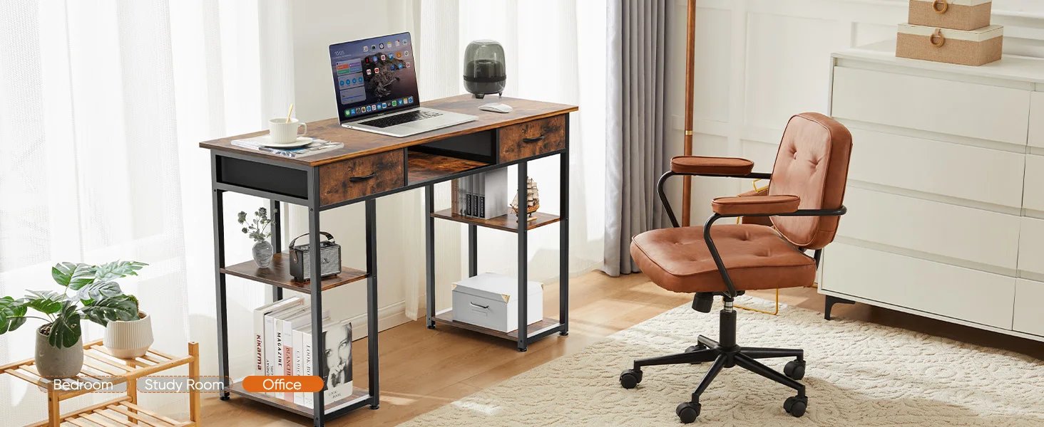 JHK 48 Inch Double Deck Shelving Office Computer Desk with Pull-out Fabric Storage Drawers Metal Frame Adjustable Feet Table ﻿