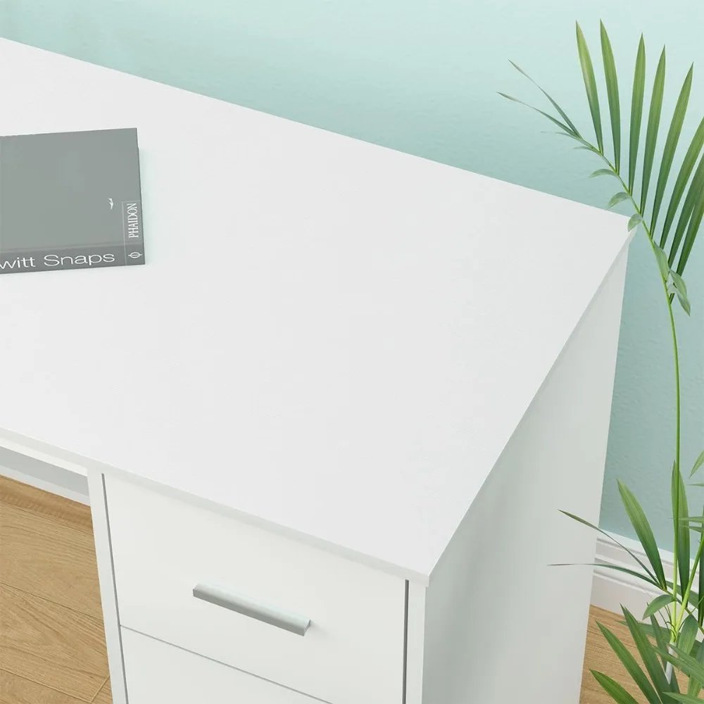 White L Shaped Desk with Drawers Shelves, Large Home Office Corner Computer Desk with Storage File Cabinet, Modern Metal Wood D