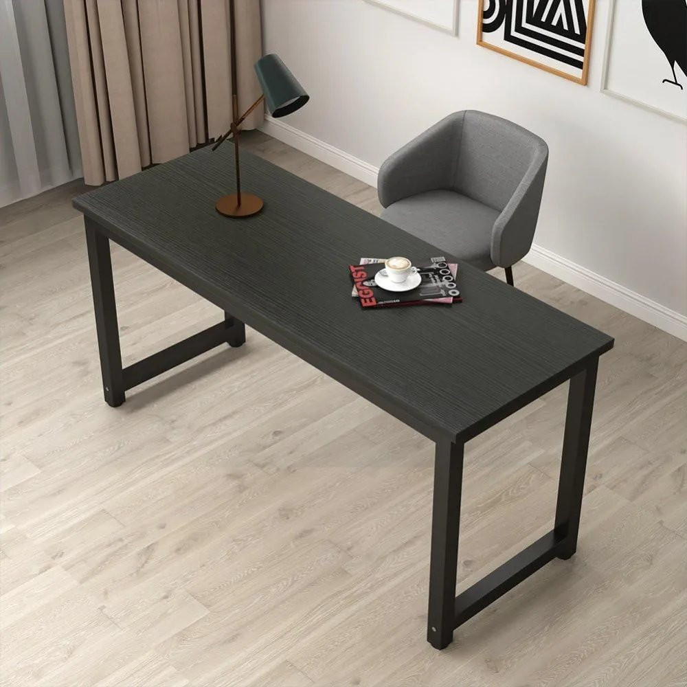 Modern Computer Desk, 63 inch Large Office Desk Computer Table Study Writing Desk Workstation for Home Office, Black Metal Frame