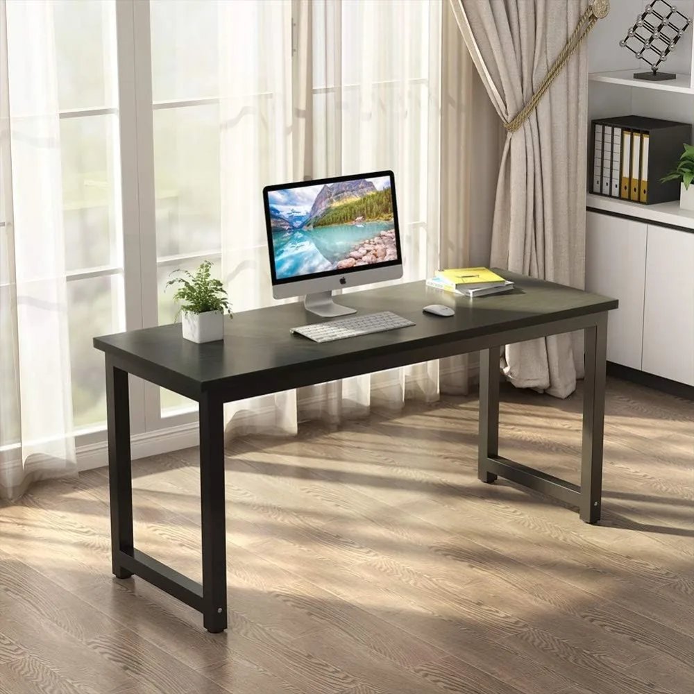 Modern Computer Desk, 63 inch Large Office Desk Computer Table Study Writing Desk Workstation for Home Office, Black Metal Frame