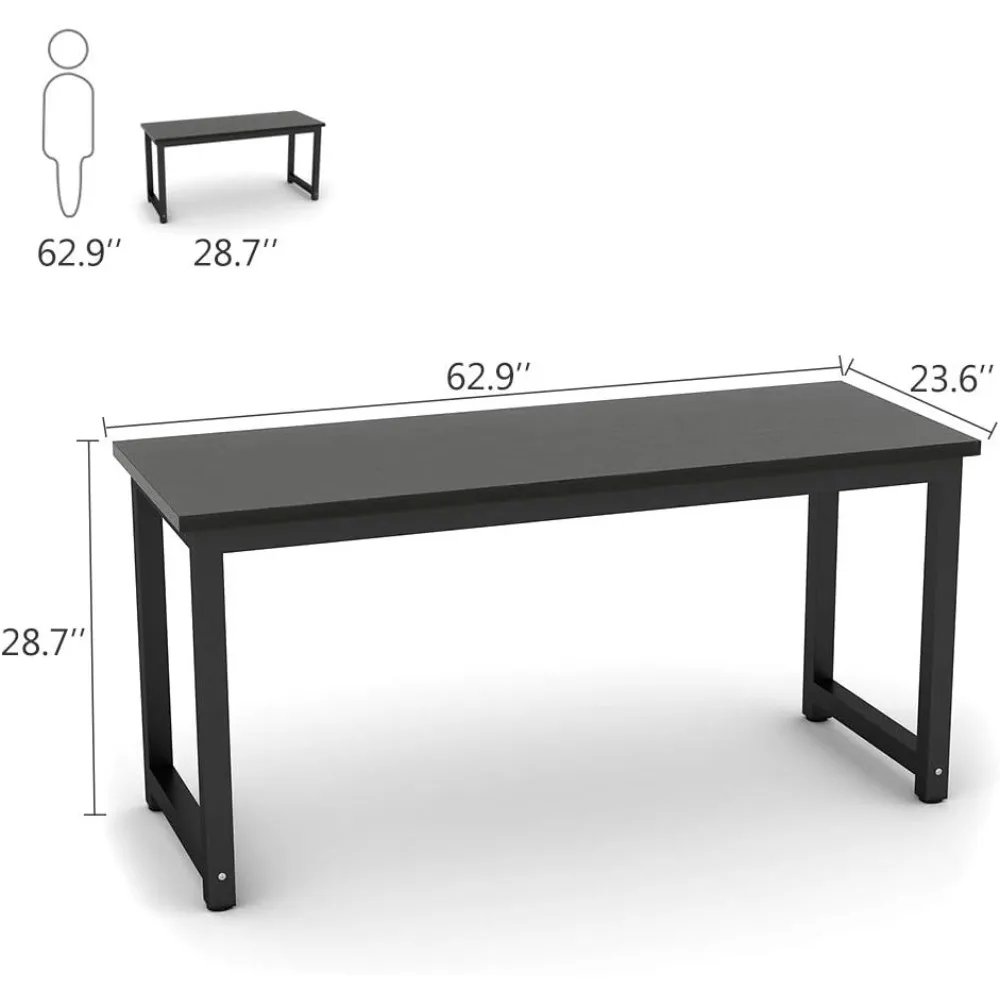 Modern Computer Desk, 63 inch Large Office Desk Computer Table Study Writing Desk Workstation for Home Office, Black Metal Frame
