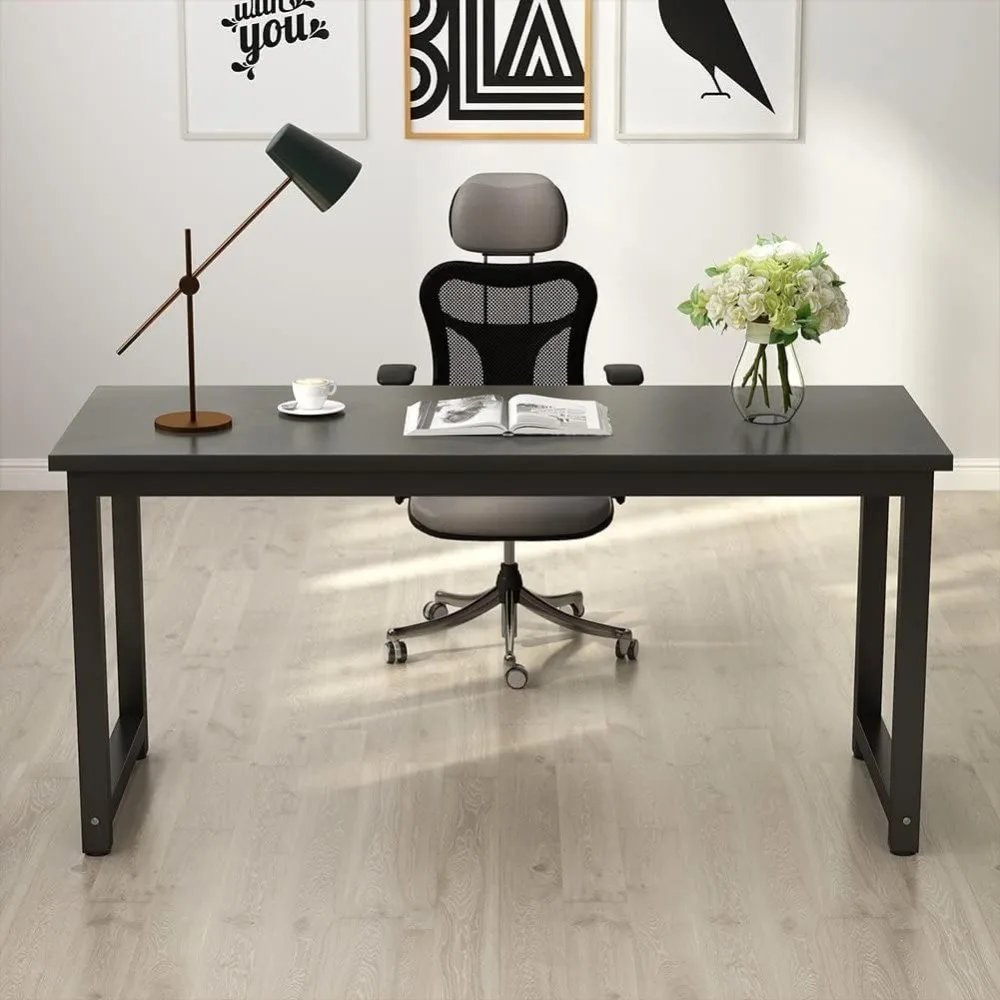 Modern Computer Desk, 63 inch Large Office Desk Computer Table Study Writing Desk Workstation for Home Office, Black Metal Frame