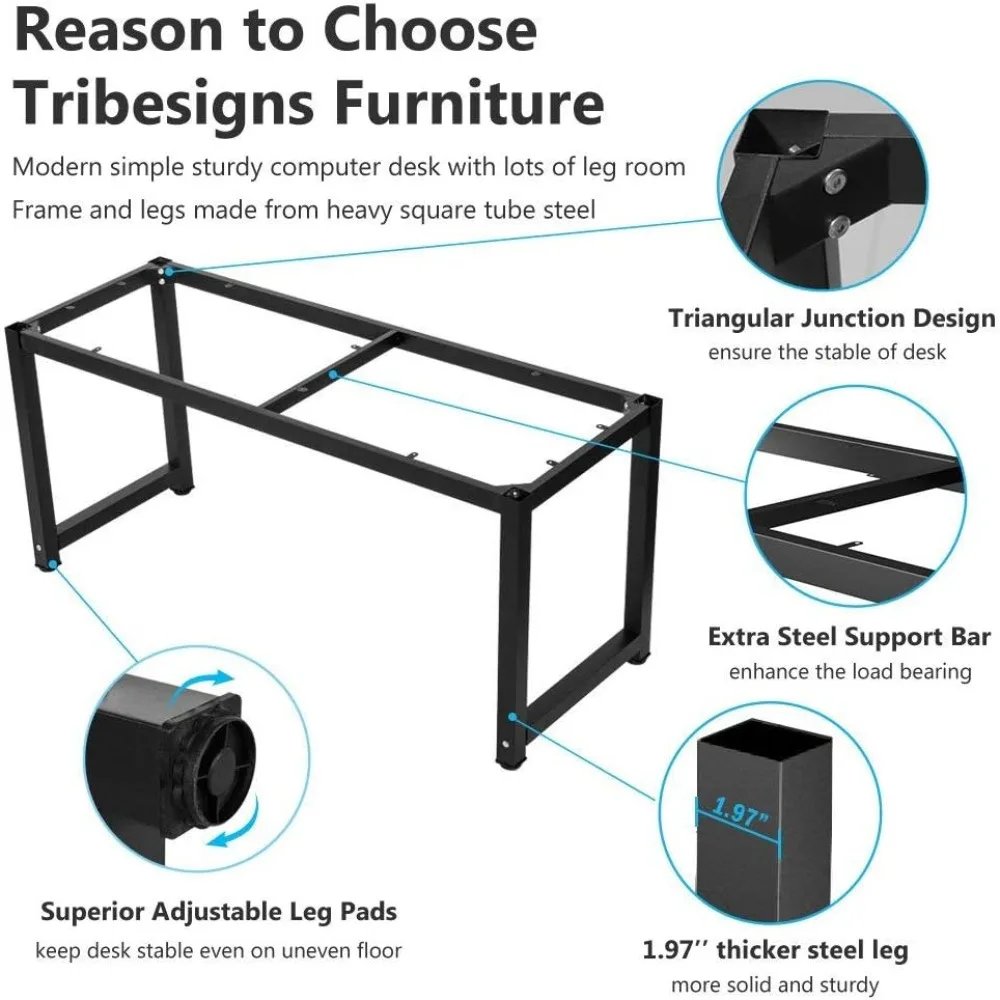 Modern Computer Desk, 63 inch Large Office Desk Computer Table Study Writing Desk Workstation for Home Office, Black Metal Frame
