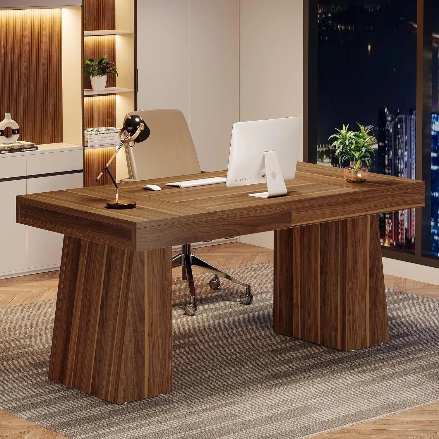 55 Inches Executive Desk, Mid-Century Modern Home Office Desk with Double Trapezoid Base, Wood Computer Desk Conference Table