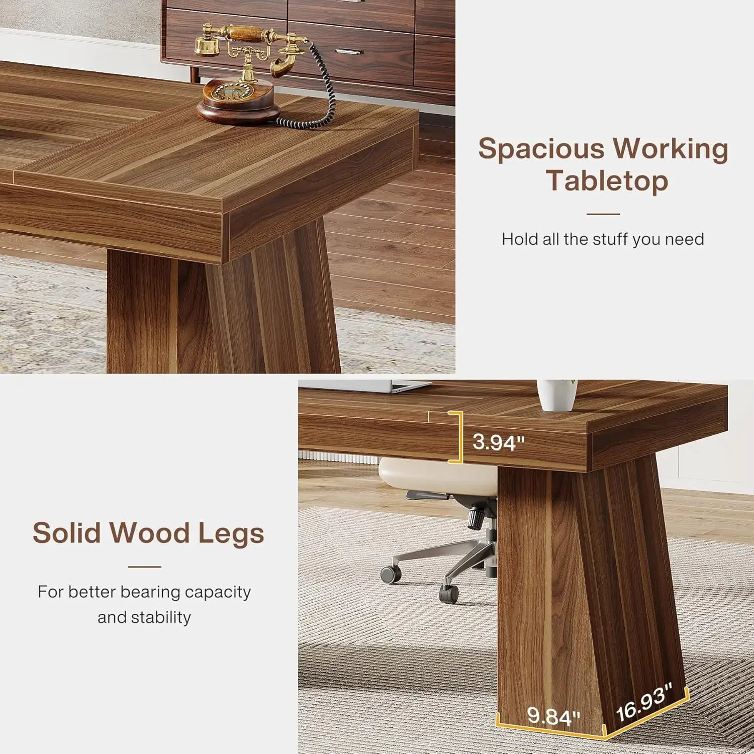 55 Inches Executive Desk, Mid-Century Modern Home Office Desk with Double Trapezoid Base, Wood Computer Desk Conference Table