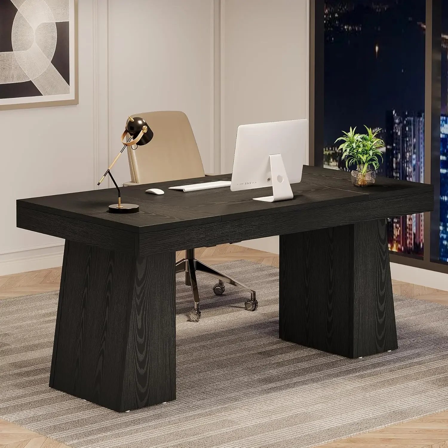 55 Inches Executive Desk, Mid-Century Modern Home Office Desk with Double Trapezoid Base, Wood Computer Desk Conference Table
