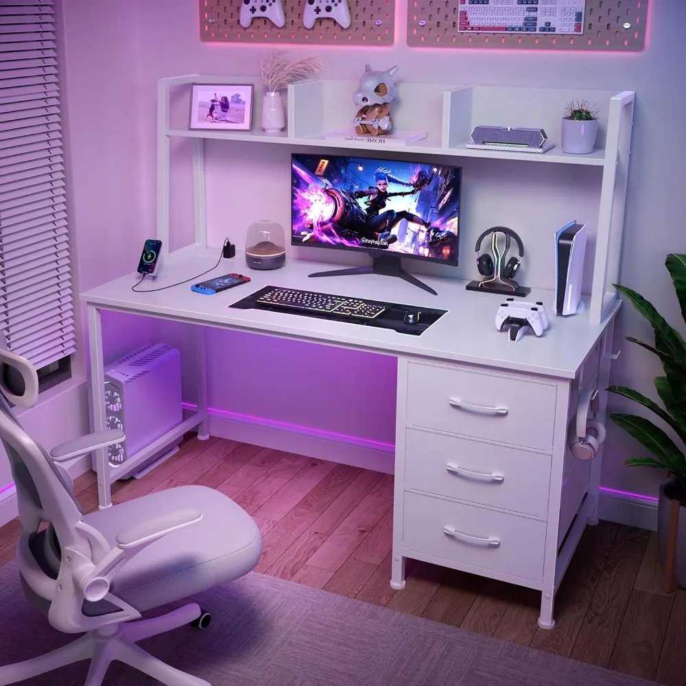 White Computer Desk with Hutch & Drawers - Office Desk with 3 Storage Drawers and Power Outlets