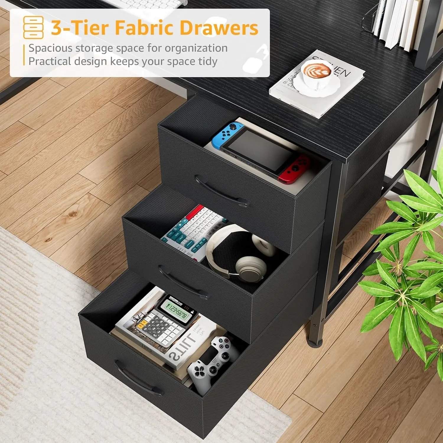 White Computer Desk with Hutch & Drawers - Office Desk with 3 Storage Drawers and Power Outlets