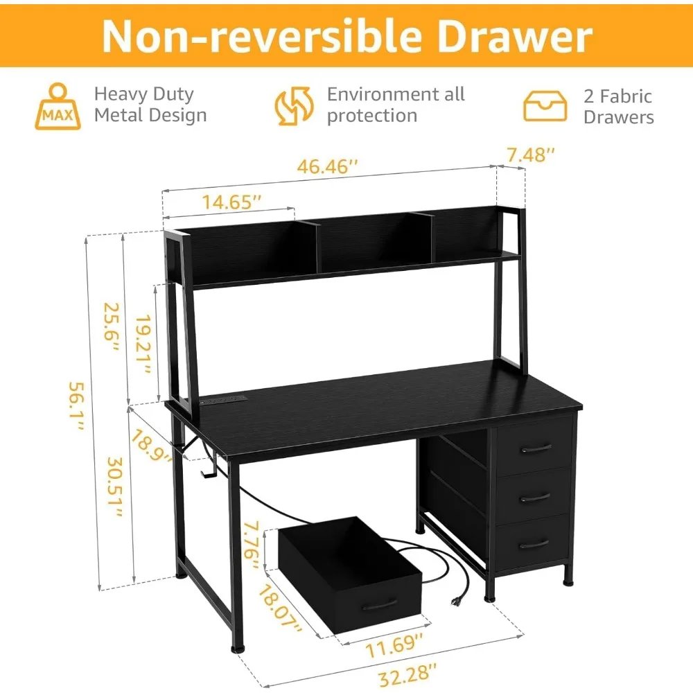 White Computer Desk with Hutch & Drawers - Office Desk with 3 Storage Drawers and Power Outlets
