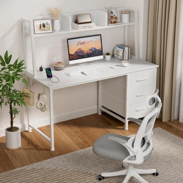 White Computer Desk with Hutch & Drawers - Office Desk with 3 Storage Drawers and Power Outlets
