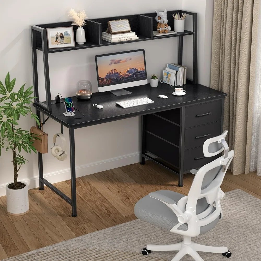 White Computer Desk with Hutch & Drawers - Office Desk with 3 Storage Drawers and Power Outlets