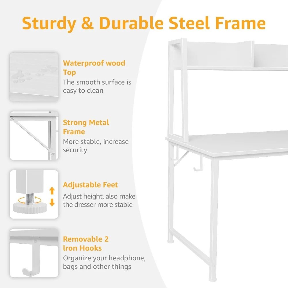 White Computer Desk with Hutch & Drawers - Office Desk with 3 Storage Drawers and Power Outlets