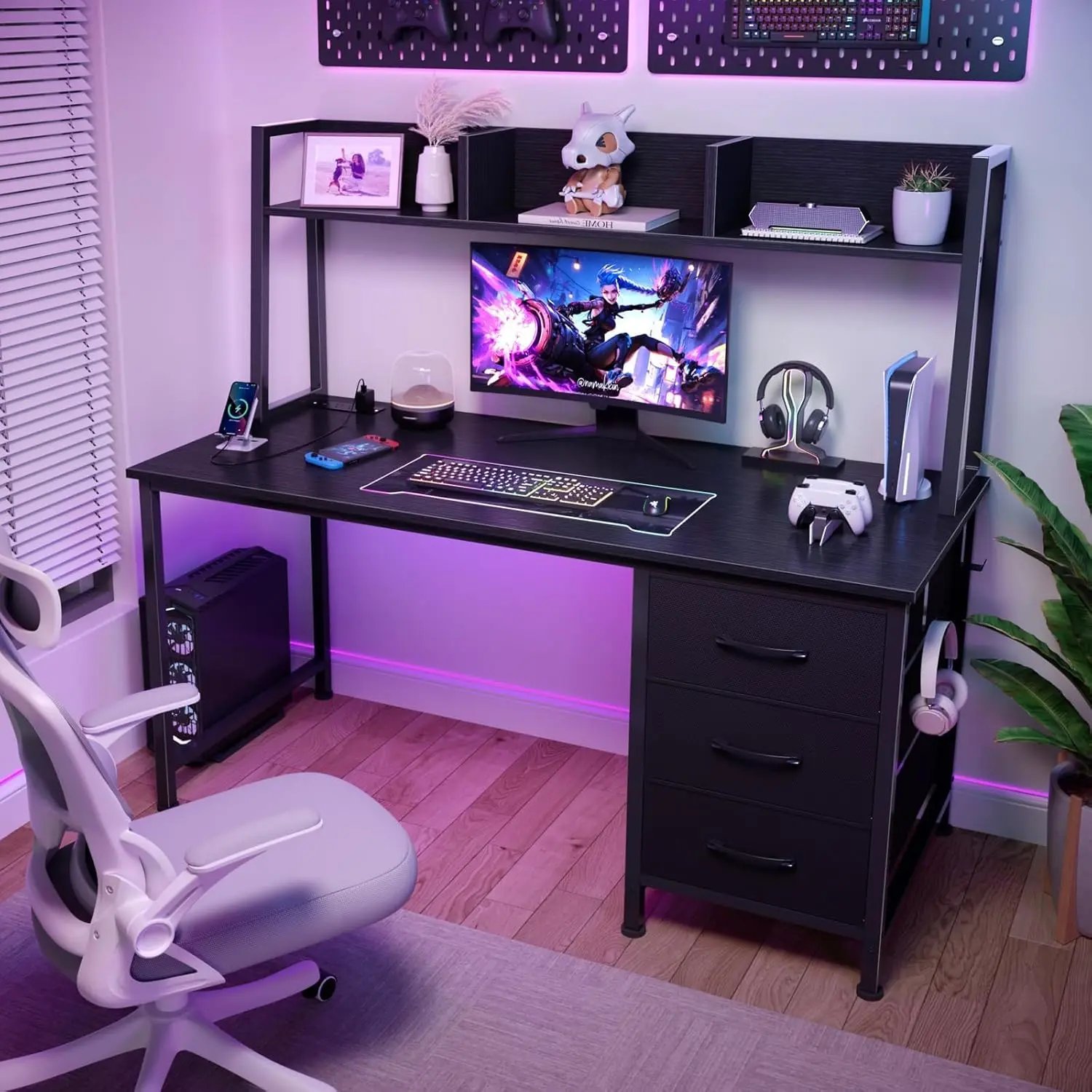 White Computer Desk with Hutch & Drawers - Office Desk with 3 Storage Drawers and Power Outlets