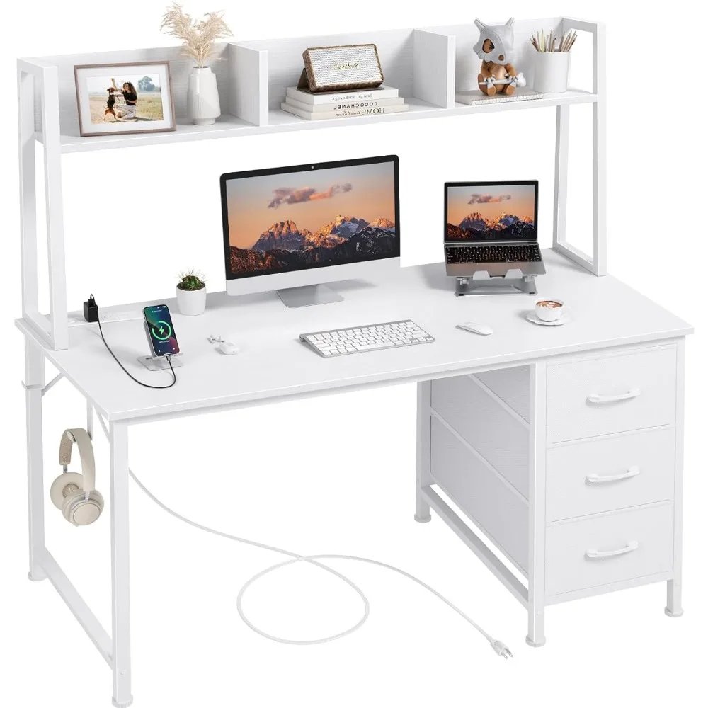 White Computer Desk with Hutch & Drawers - Office Desk with 3 Storage Drawers and Power Outlets