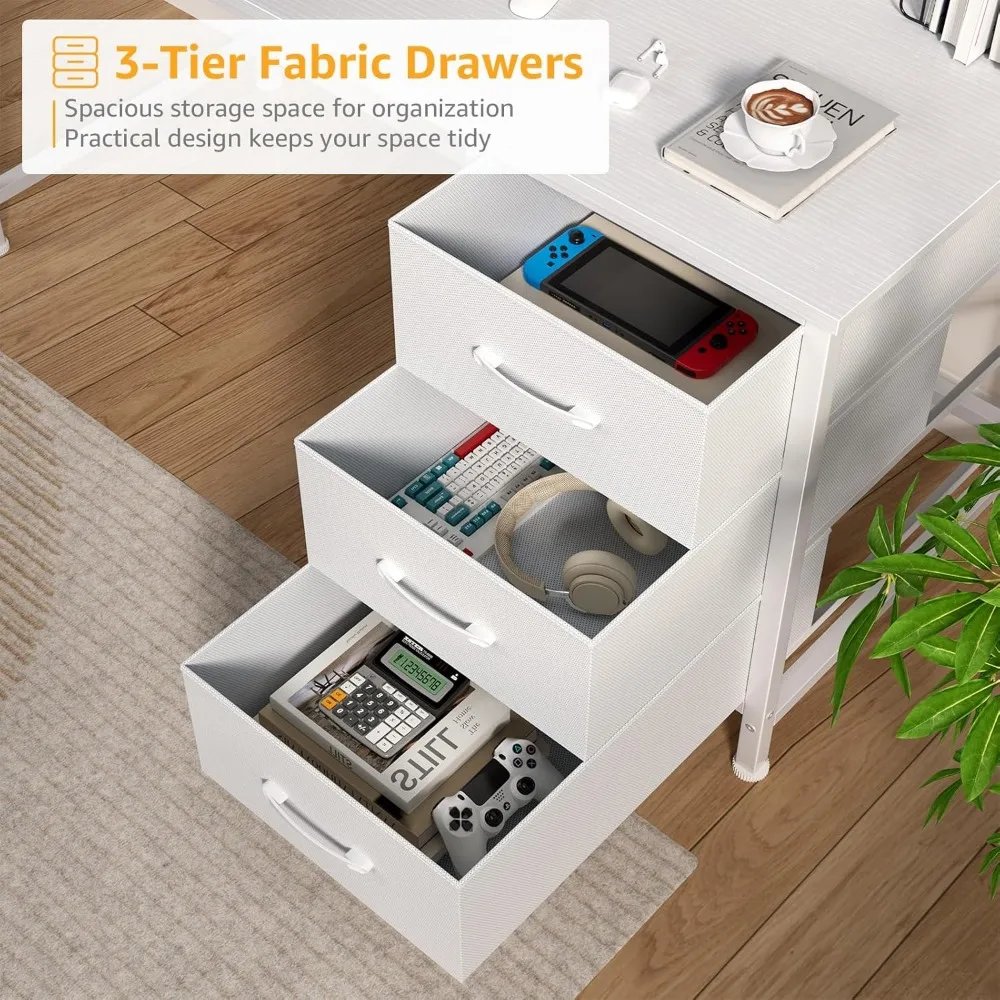 White Computer Desk with Hutch & Drawers - Office Desk with 3 Storage Drawers and Power Outlets