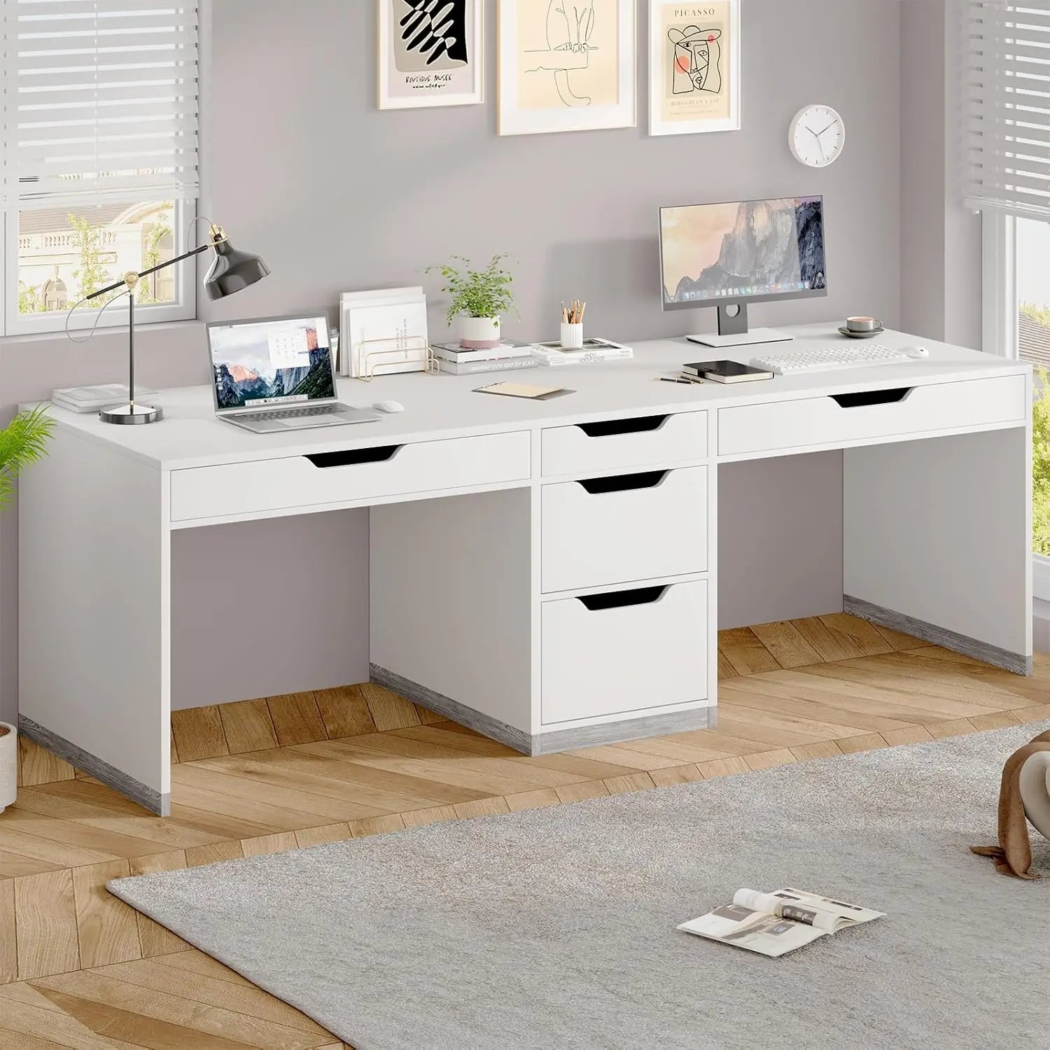 Two Person Desk with 5 Drawers, Double Desk with Storage for 2 People, 78 Inch Extra Long Computer Desk Workstation with File