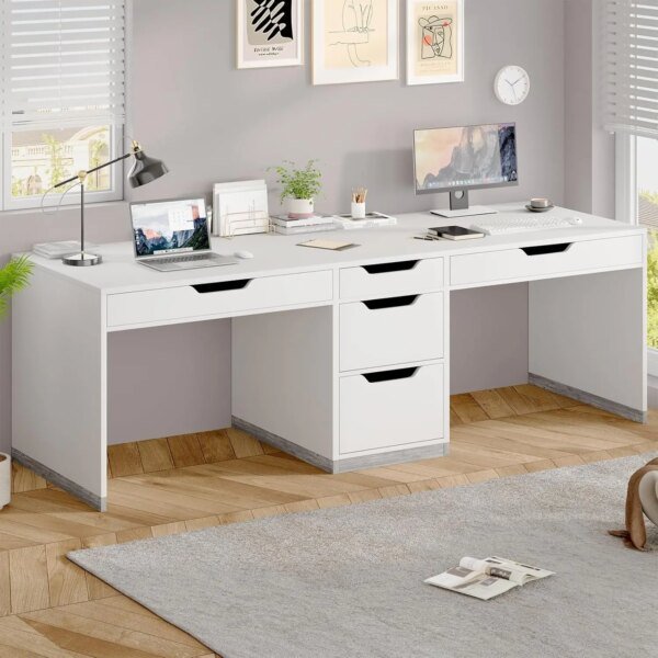 Two Person Desk with 5 Drawers, Double Desk with Storage for 2 People, 78 Inch Extra Long Computer Desk Workstation with File