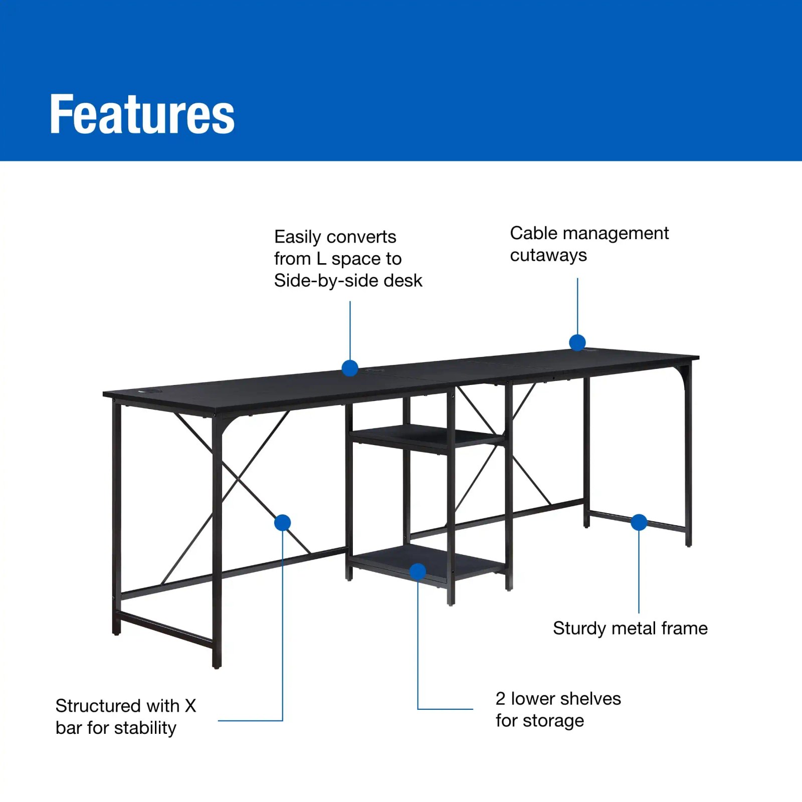 Two-Way Convertible Desk with Lower Storage Shelf, Charcoal, For Adults and Teens