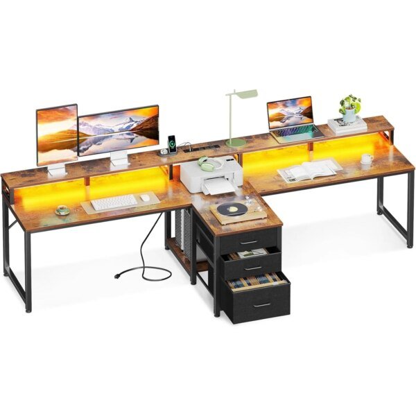 94" Computer Desk with Fabric Drawer & File Cabinet- 2 Person Home Office Desk with Power Outlet & LED Light, Long Writing Desk