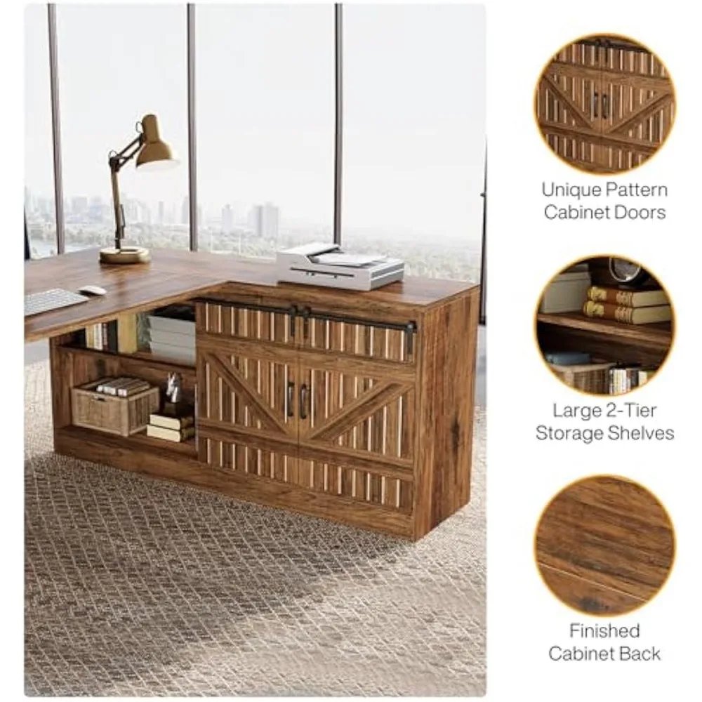 70.9-Inch Executive Desk, L-Shaped Desk with 55.1-Inch Storage Cabinet, Mid-Century Farmhouse Office Computer Table with Slidin