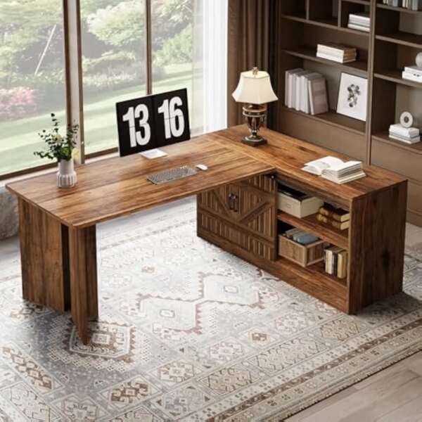 70.9-Inch Executive Desk, L-Shaped Desk with 55.1-Inch Storage Cabinet, Mid-Century Farmhouse Office Computer Table with Slidin