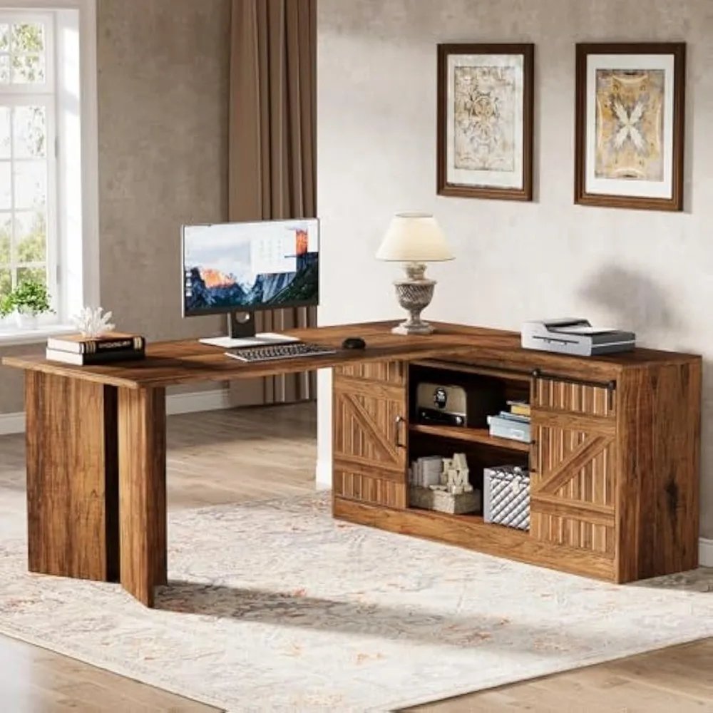 70.9-Inch Executive Desk, L-Shaped Desk with 55.1-Inch Storage Cabinet, Mid-Century Farmhouse Office Computer Table with Slidin