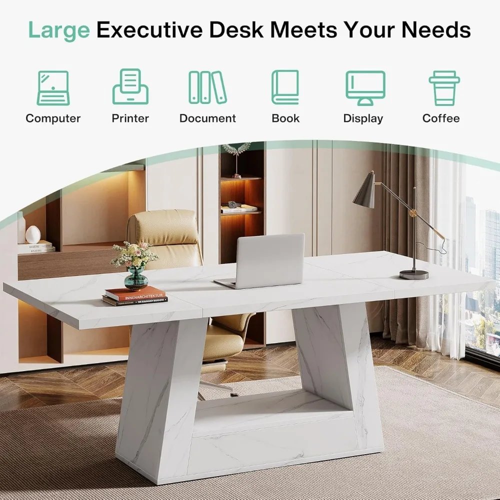 Modern Computer Desk, 63-Inch Large Office Desk Workstation, Simple Style Executive Desk Study Table with Sturdy Base, Wooden F