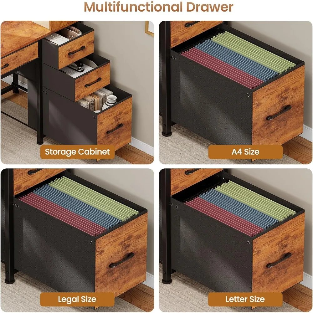 Computer Desk with 5 Drawers and Bookshelf, Reversible Home Office Desk with Storage Shelves and File Drawer, Gaming Corner Des