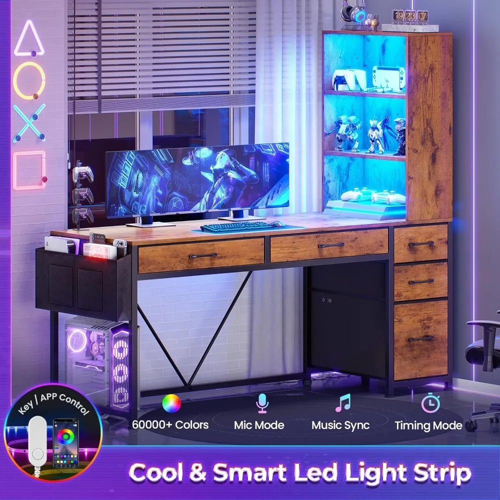 Computer Desk with 5 Drawers and Bookshelf, Reversible Home Office Desk with Storage Shelves and File Drawer, Gaming Corner Des