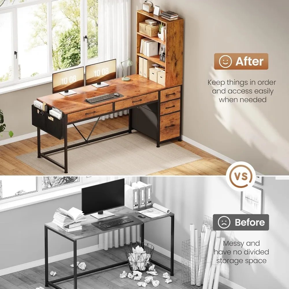Computer Desk with 5 Drawers and Bookshelf, Reversible Home Office Desk with Storage Shelves and File Drawer, Gaming Corner Des