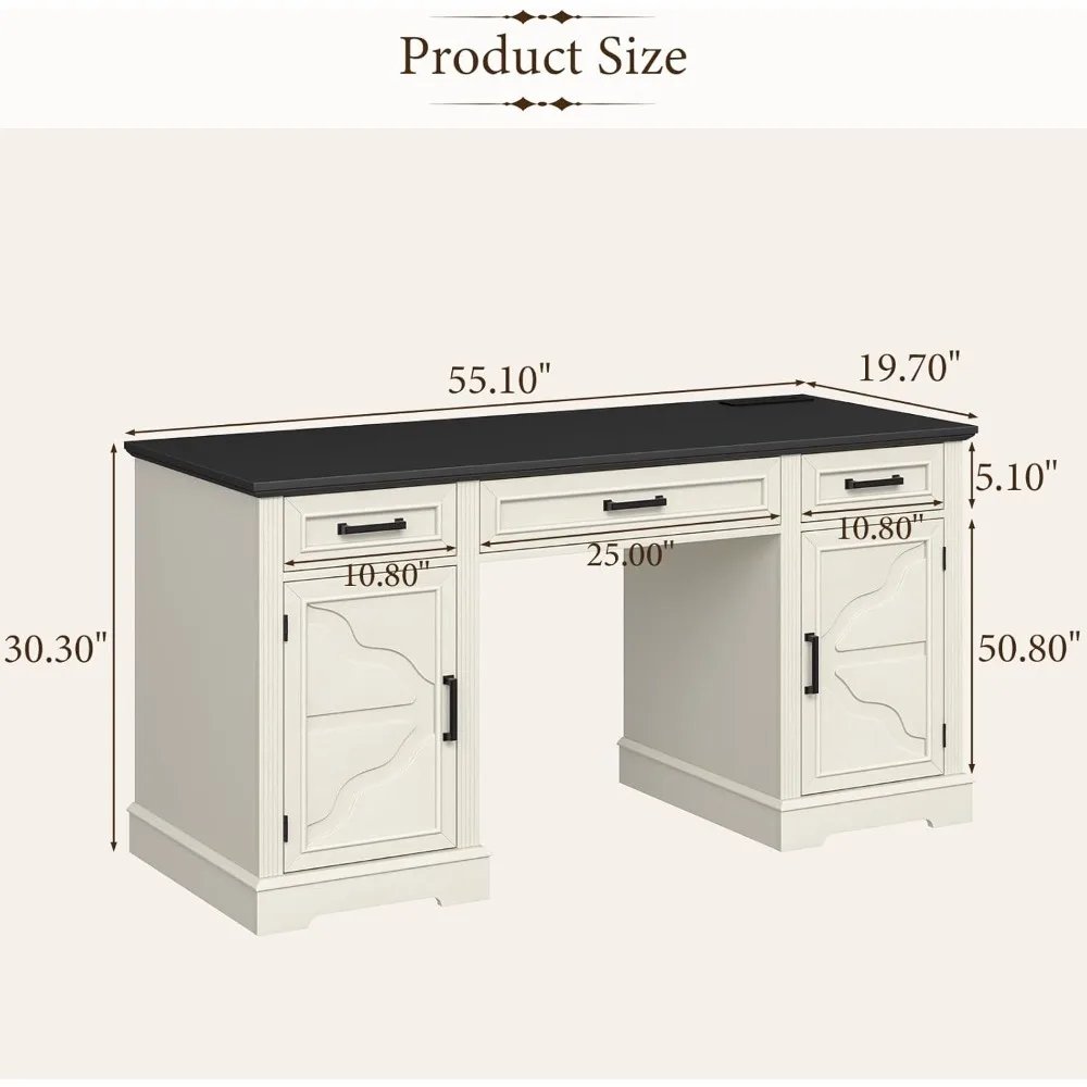 Executive Desk with Storage Drawers, Farmhouse Office Desk with Charging Station Wood Computer Desk with Ample Storage Cabinet,