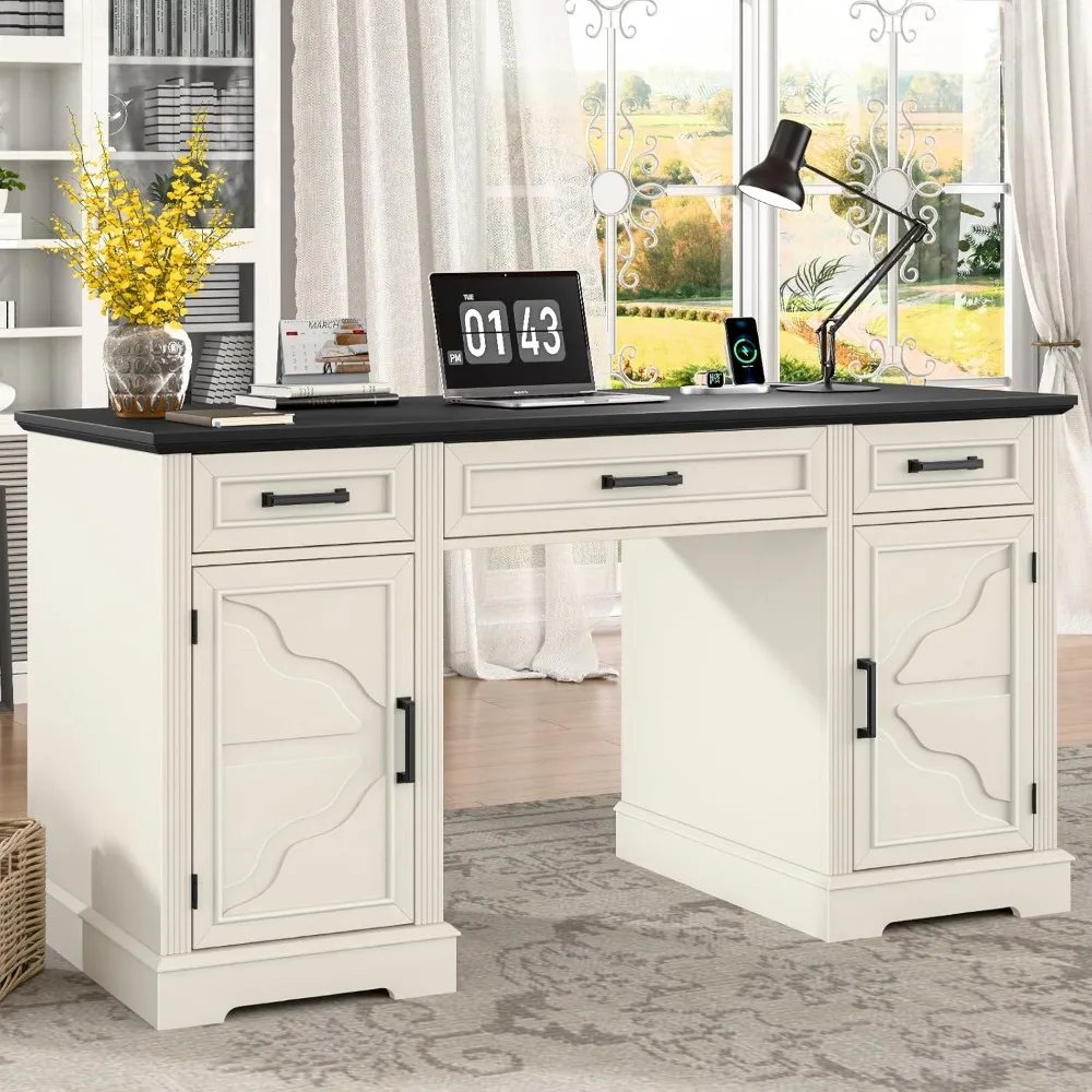 Executive Desk with Storage Drawers, Farmhouse Office Desk with Charging Station Wood Computer Desk with Ample Storage Cabinet,