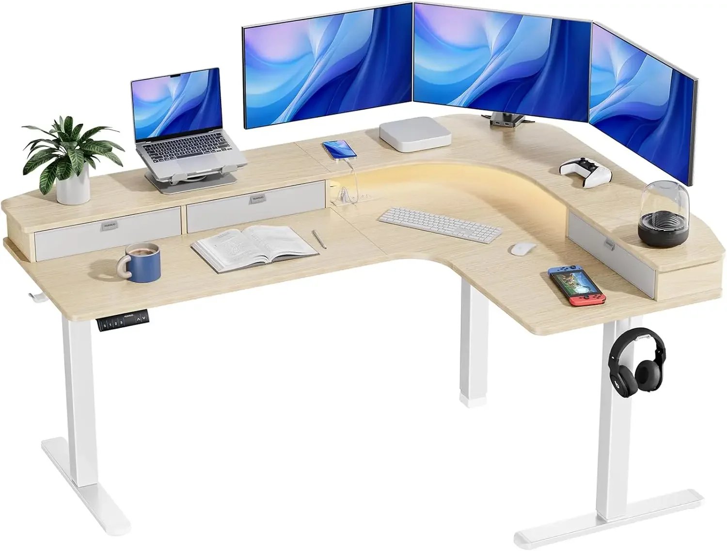 65″ L-Shaped Standing Desk with Power Outlets & LED Strip, Electric Height Adjustable Corner Computer Desk, Sit Stand Up Desk w