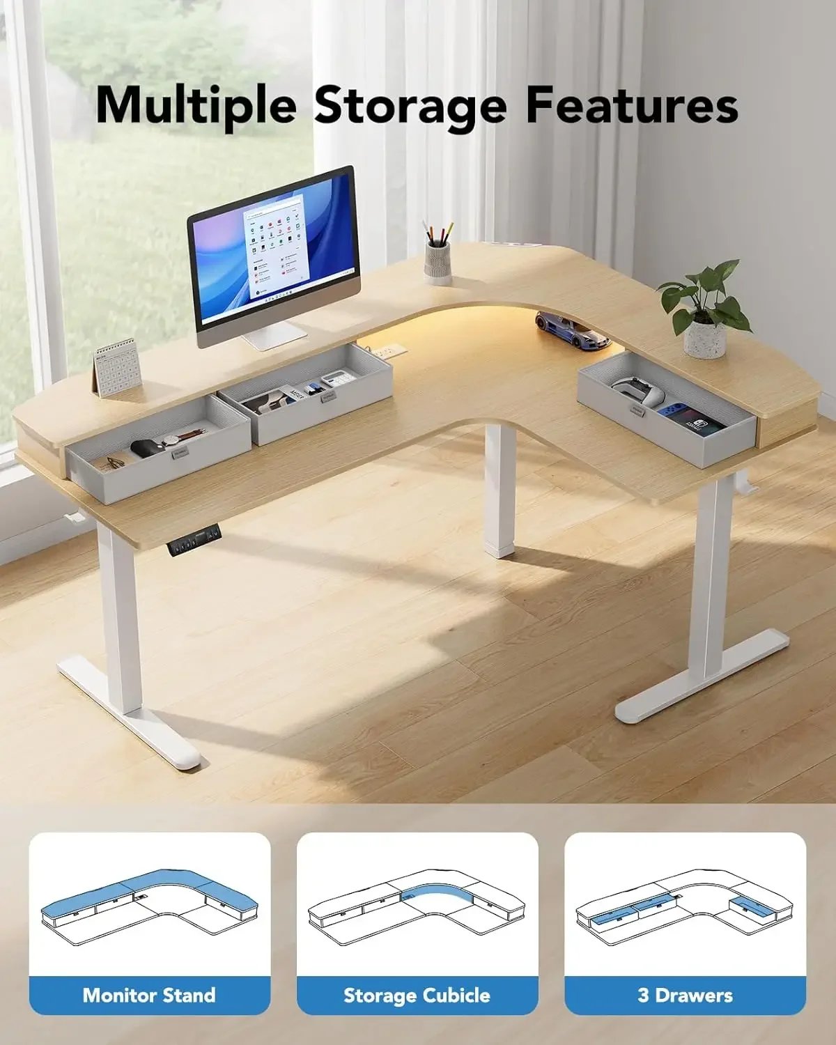 65″ L-Shaped Standing Desk with Power Outlets & LED Strip, Electric Height Adjustable Corner Computer Desk, Sit Stand Up Desk w