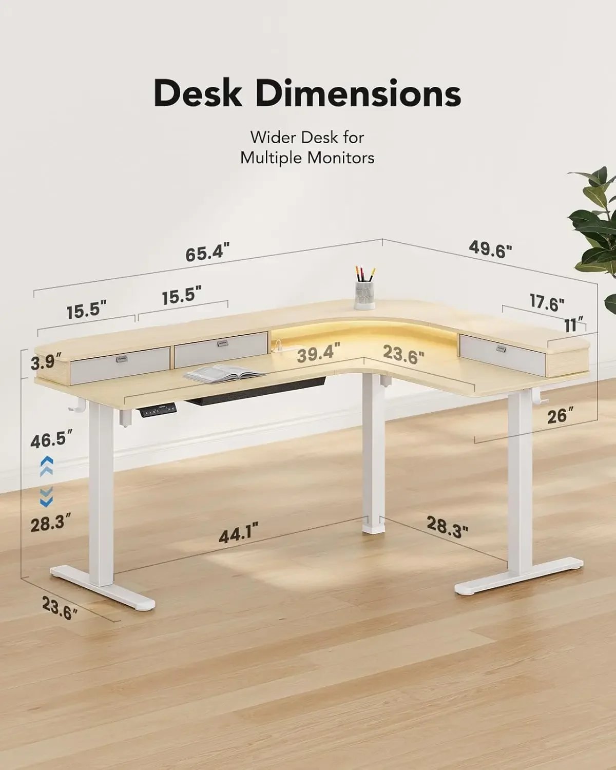 65″ L-Shaped Standing Desk with Power Outlets & LED Strip, Electric Height Adjustable Corner Computer Desk, Sit Stand Up Desk w