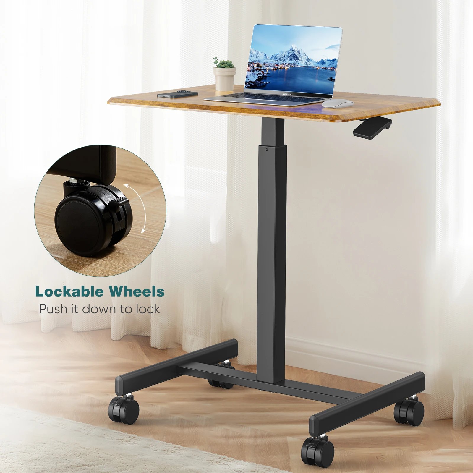 JHK Portable Computer Desk Laptop Height Adjustable Table Mobile Sitting Workstation Lockable Wheels Suitable For Work Learning