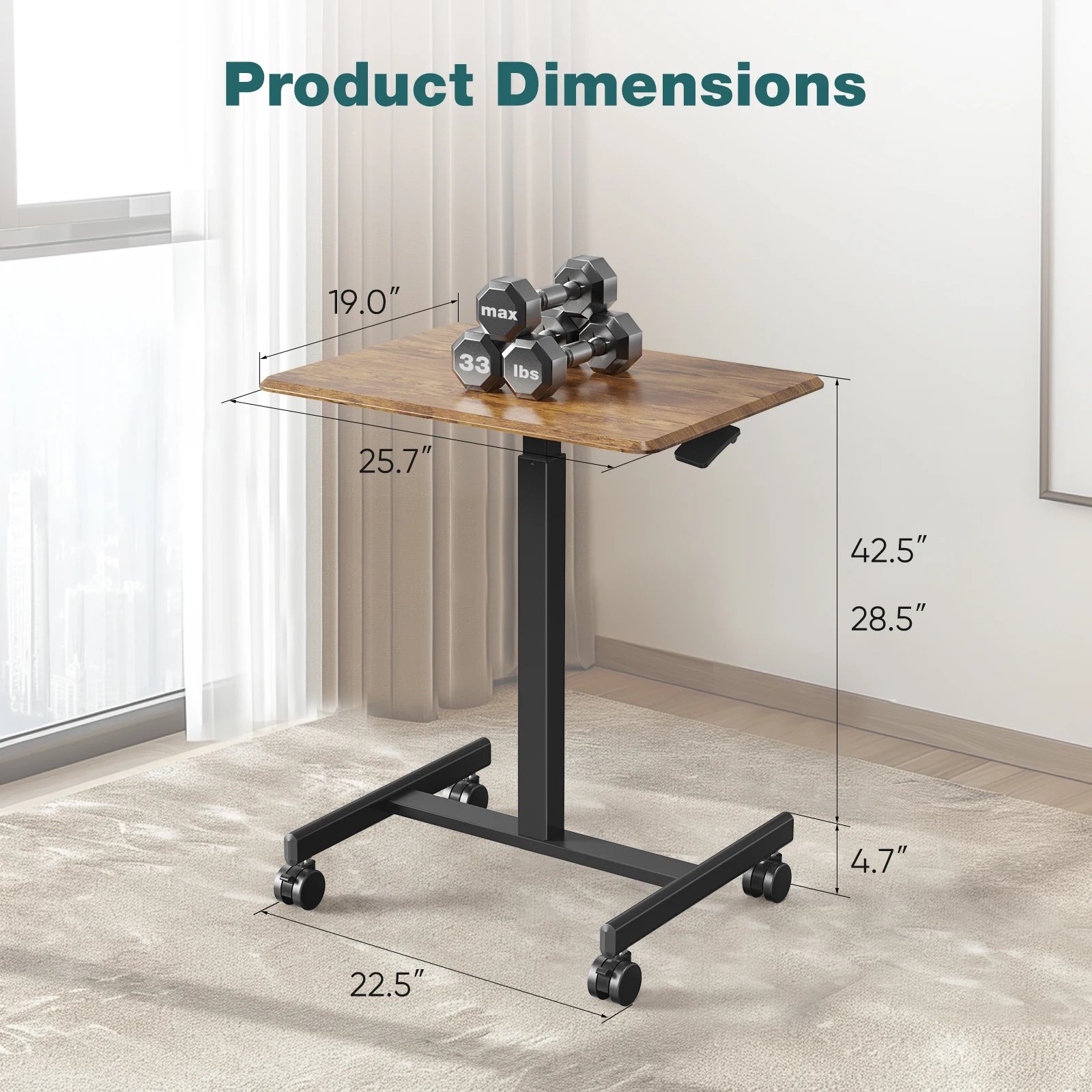 JHK Portable Computer Desk Laptop Height Adjustable Table Mobile Sitting Workstation Lockable Wheels Suitable For Work Learning
